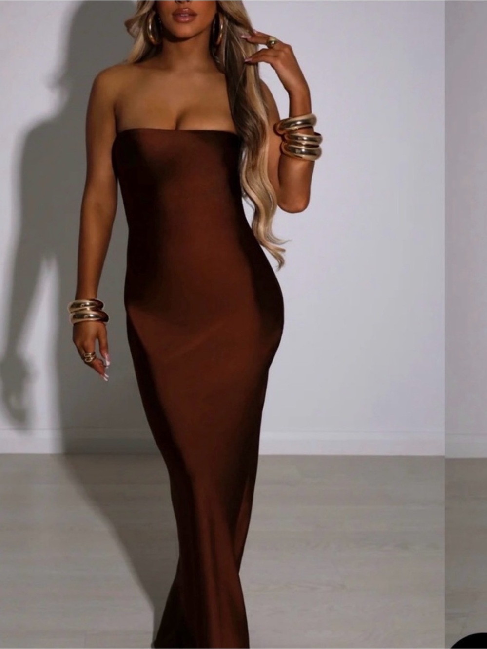 Elegant Strapless Chocolate Brown Bodycon Maxi Dress